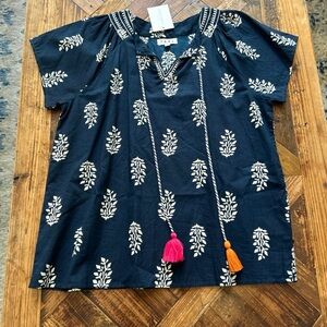 THML Blue and White Blouse with Leaf Print and Tassel Details